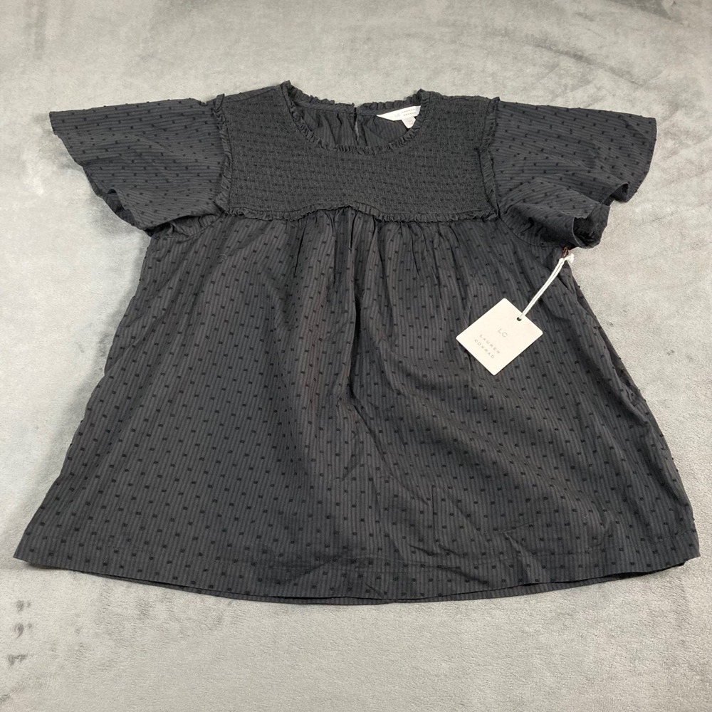 LC Lauren Conrad Black Clip Dot Smocked Flutter Sleeve Blouse Top Medium